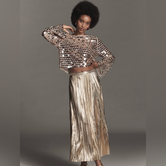 NWT Anthropologie Elegant Gold Pleated Midi Skirt